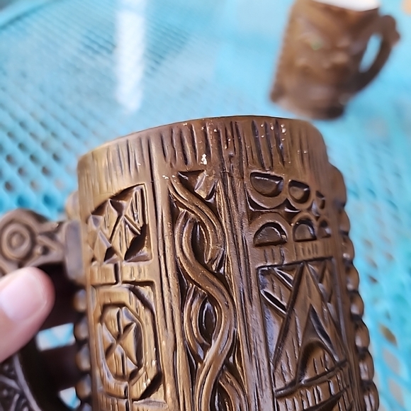 Vtg Hawaiian Tiki Mugs Set Of 5 Quon-Quon Japan Brown Ceramic Green Gem Eyes - Picture 12 of 12